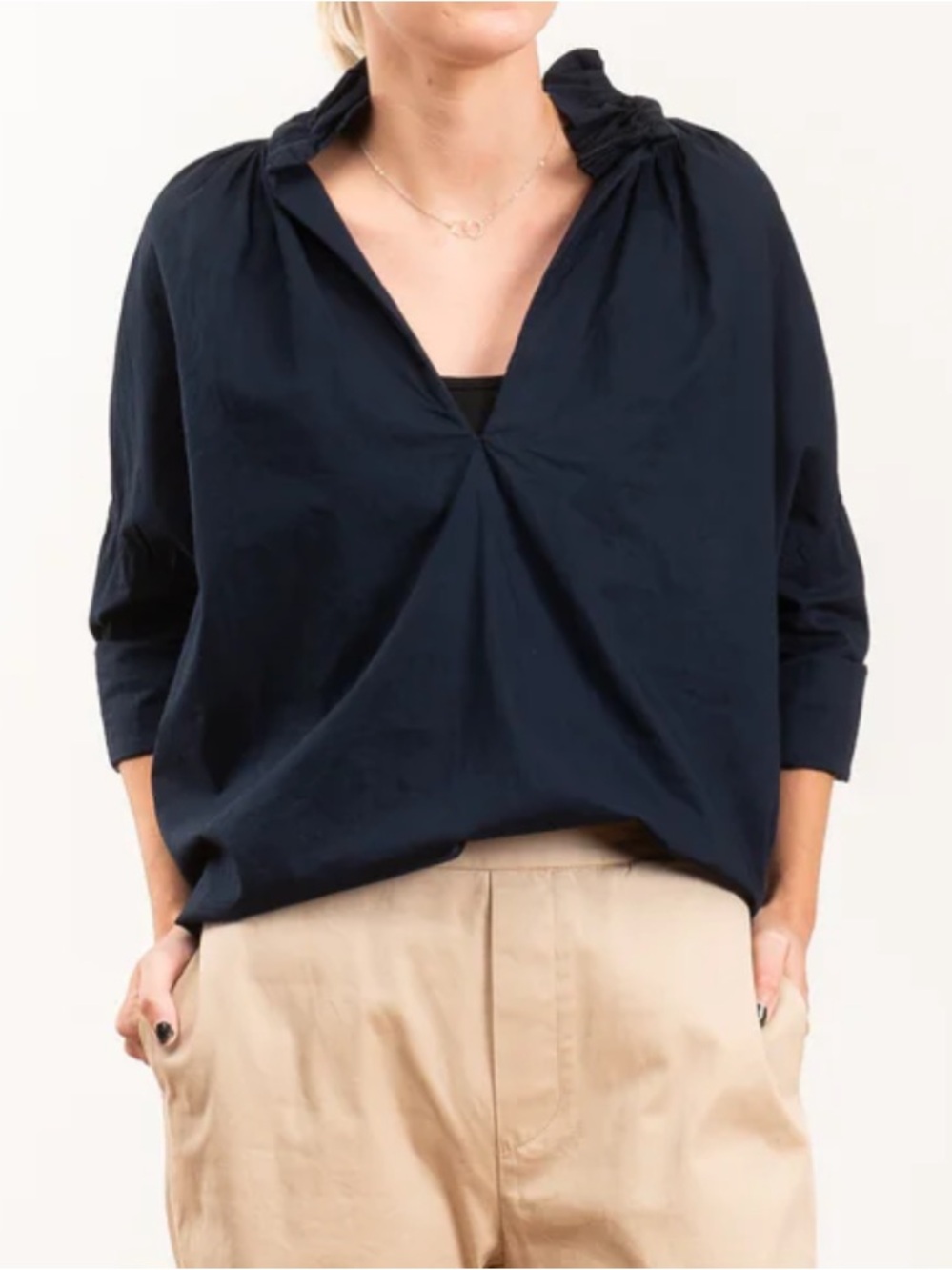 A Shirt Thing Penelope Cabo Long Sleeve Blouse in Dark Navy Blue ruffle collar
